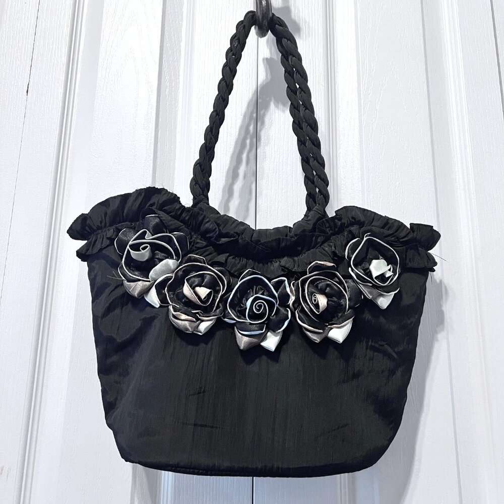Pashmina Black Fabric (goats wool) Black 3 D Flowers-Lightweight Tote/Purse-Blue